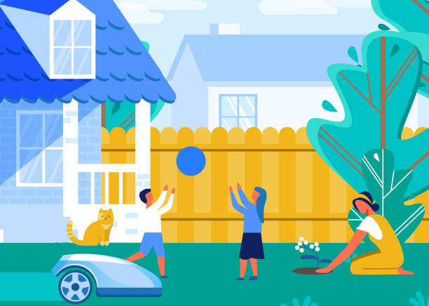 Family Spending Free Time on House Backyard Flat. Family Spending Free Time Cartoon Flat Vector Illustration. Children Playing on Private House Backyard with Ball. Woman Planting Flowers in Backyard near Home. Automated Lawnmower Cutting Grass. person sitting on fence stock illustrations