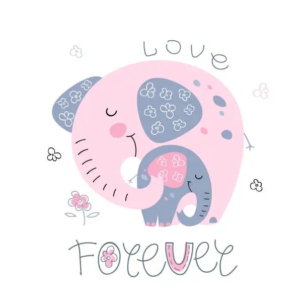 Vector illustration of Elephant with a baby elephant in a cute style. Together forever. Inscription. Vector