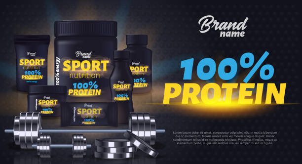 Sport Nutrition Product Containers Ad Banner. Sport Nutrition Product Containers Ad Banner. Weight Gainer Set. Whey Protein Bottles. Product Packaging Design Jars of Bodybuilding Food Supplement, Dumbbell, Barbell 3d Vector Realistic Illustration naming organic compounds stock illustrations