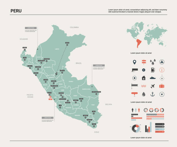 ペルーのベクター地図。部門、都市と首都リマと国の地図。政治地図、世界地図、インフォグラフィック要素。 - capital cities点のイラスト素材／クリップアート素材／マンガ素材／アイコン素材