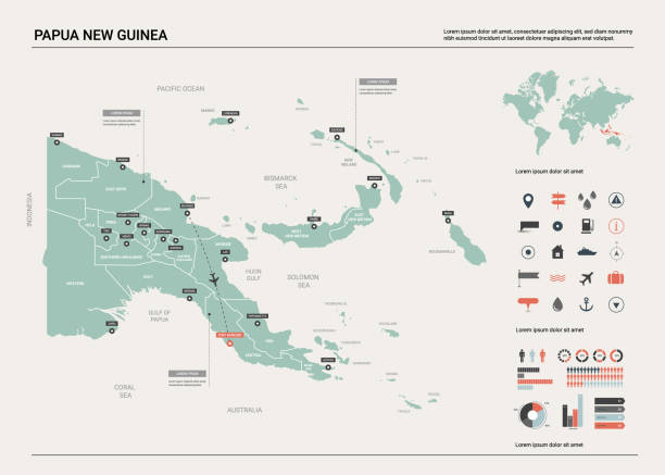 パプアニューギニアのベクター地図。部門、都市と首都ポートモレスビーとの国のマップ。政治地図、世界地図、インフォグラフィック要素。 - capital cities点のイラスト素材／クリップアート素材／マンガ素材／アイコン素材