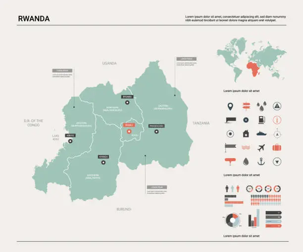 Vector illustration of Vector map of Rwanda. Country map with division, cities and capital Kigali. Political map,  world map, infographic elements.