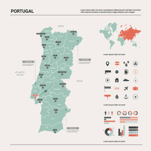 포르투갈의 벡터 지도입니다. 디비전, 도시 및 수도 리스본 국가 지도. 정치 지도, 세계 지도, 인포 그래픽 요소. - portugal stock illustrations