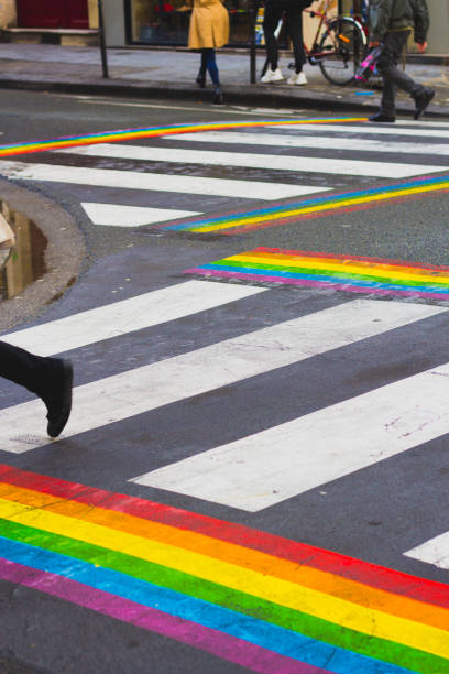 istock Pedestrian walkway with painted rainbow from both sides in Le Marais quarter in Paris 1153636204