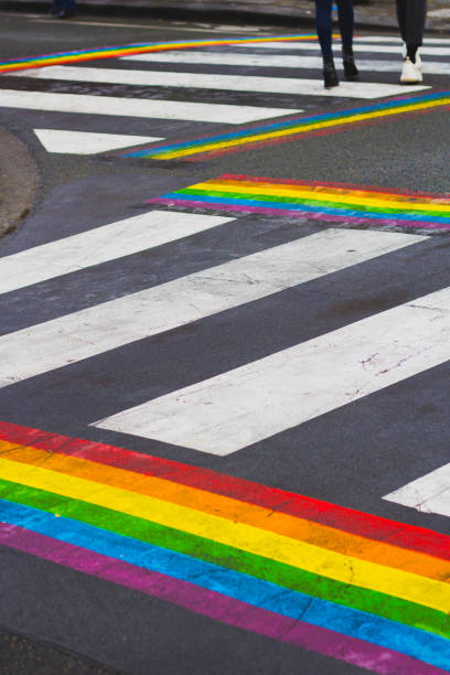 istock Pedestrian walkway with painted rainbow from both sides in Le Marais quarter in Paris 1153636226