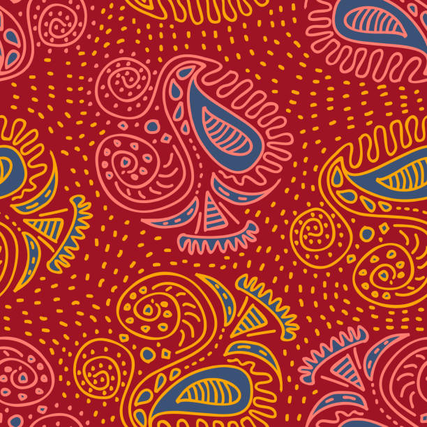 trendige asiatische stammesvolksmotive, die von hand gezeichnet werden, mit batik-paisley-natur, die auf rotem hintergrund gezeichnet ist - traditioneller batikstil stock-grafiken, -clipart, -cartoons und -symbole