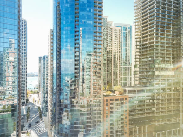 istock Drone view close-up Chicago skyscrapers along river walk 1153636316
