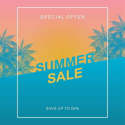 Summer sale design template with sunset tropical beach and coconut trees