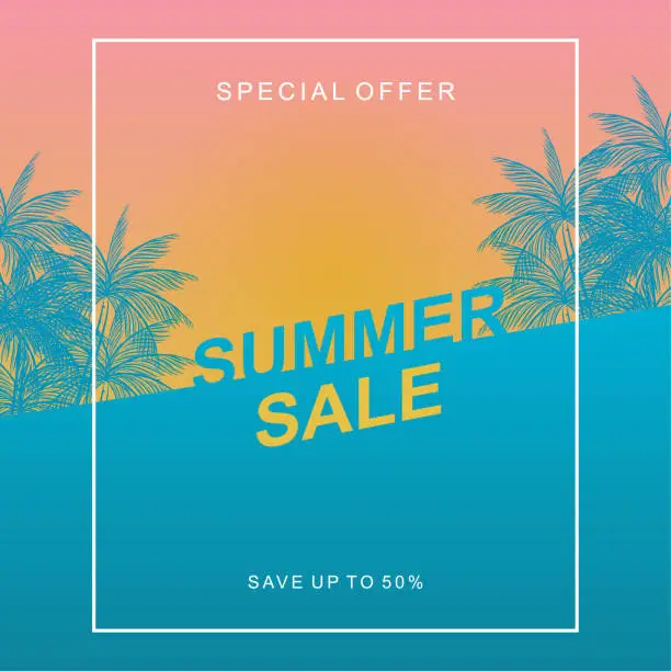 Vector illustration of Summer sale design template with sunset tropical beach and coconut trees