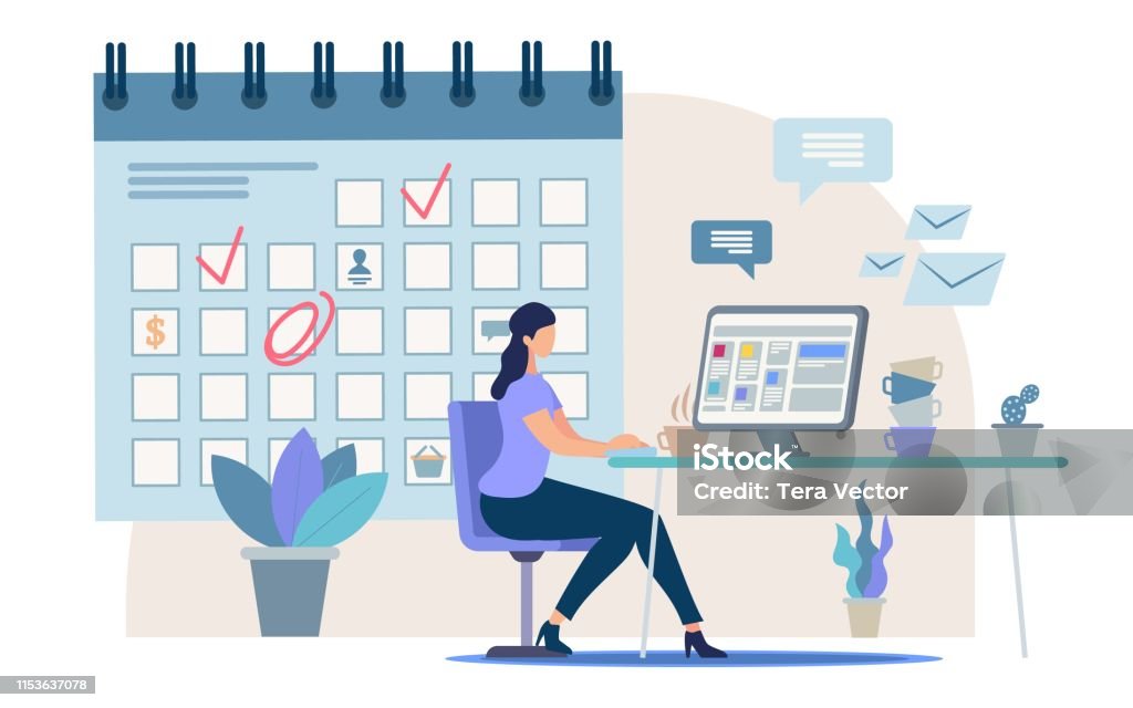 Planning Business Tasks for Month Vector Concept Planning Business Activity, Time Management Flat Vector Concept Businesswoman, Female Office Worker, Company Employee Sitting at Work Desk, Making Tasks and Meetings Reminders in Calendar Illustration Calendar stock vector