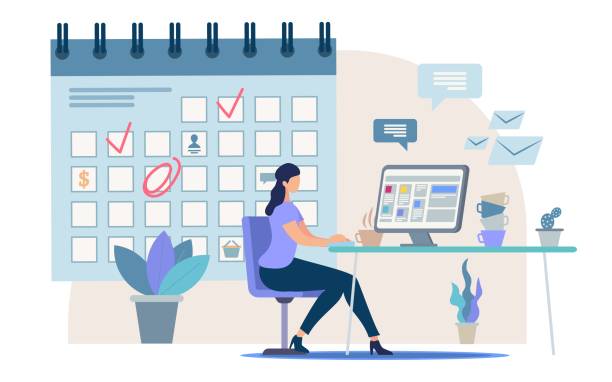 Planning Business Tasks for Month Vector Concept Planning Business Activity, Time Management Flat Vector Concept Businesswoman, Female Office Worker, Company Employee Sitting at Work Desk, Making Tasks and Meetings Reminders in Calendar Illustration efficiency leadership business planning stock illustrations