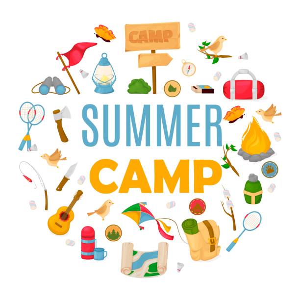 ilustrações, clipart, desenhos animados e ícones de verão crianças acampamento poster scout ilustração vetorial. - summer camp sign child summer