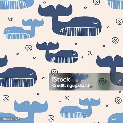 istock Cute whale seamless pattern scandinavian drawing pattern 1153641097