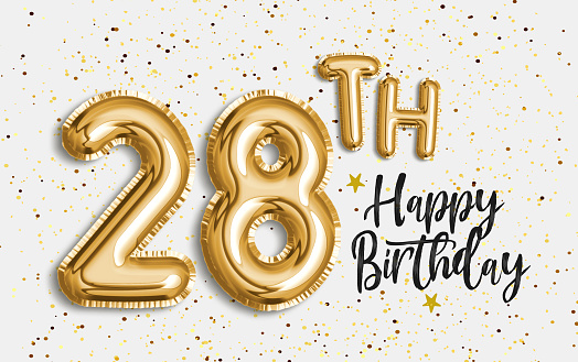Happy 28th birthday gold foil balloon greeting background. 28 years anniversary logo template- 28th celebrating with confetti. Photo stock.