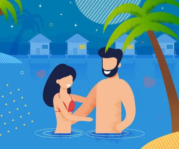 Vector illustration of Couple in Love Swimming in Ocean at Night Cartoon