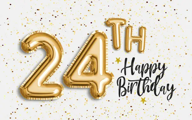 Happy 24th birthday gold foil balloon greeting background. 24 years anniversary logo template- 24th celebrating with confetti. Photo stock