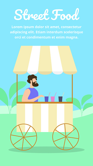 Man Sitting in Wheeled Booth Sell Cool Drinks in City Park. Summer Time, Street Food, Beverages. Seller Offer Fresh Juice, Lemonade to Walking People. Cartoon Flat Vector Illustration, Vertical Banner