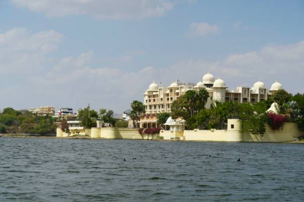 Image of view across Lake Pichola from a tourboat with coots bobbing on the water, Udaipur, Rajasthan, India Stock photo taken from tourism cruise boat with view across Lake Pichola with coots floating on the freshwater, Udaipur, Rajasthan, India. lake palace stock pictures, royalty-free photos & images