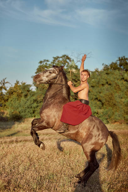 équitation de cowboy de bel homme sur un cheval-fond du ciel et des arbres - horse animal head animal sky photos et images de collection