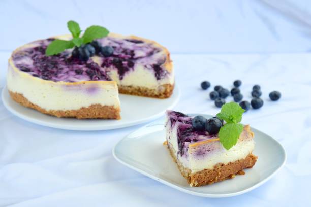 istock Homemade blueberry swirl cheesecake with mint leaf 1153648681