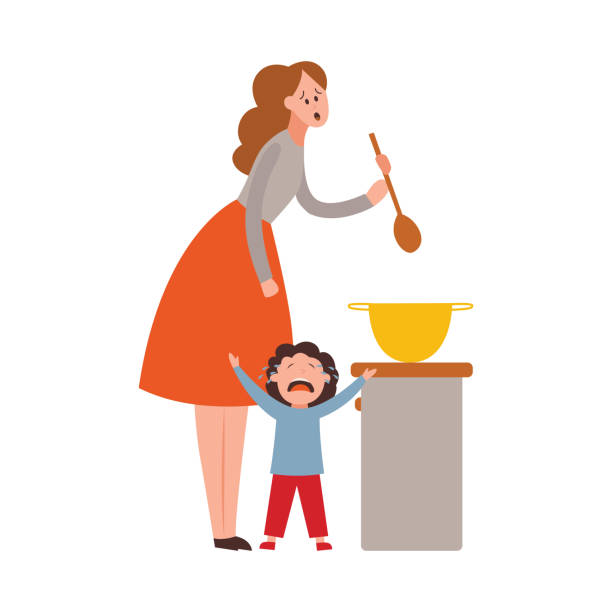 ilustrações de stock, clip art, desenhos animados e ícones de vector parenting problem big family tired parents - mother emotional stress exhaustion cooking