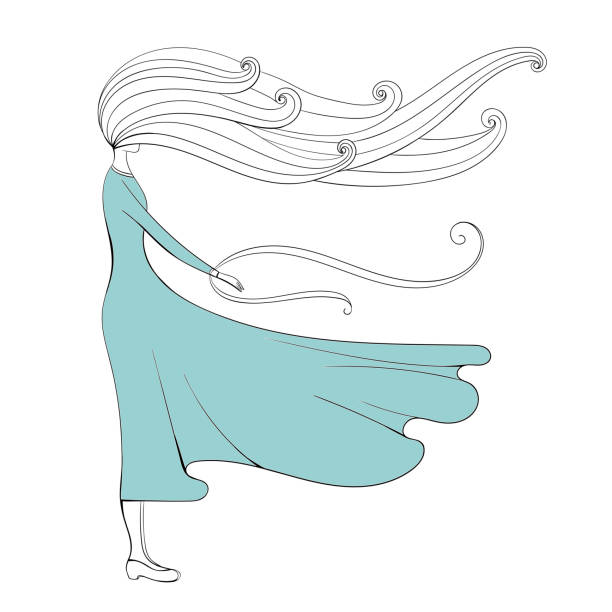 Doodle girl in long dress, her hair is fluttering in the wind. Doodle waves, creative illustration. Easy to change colors. tousled stock illustrations