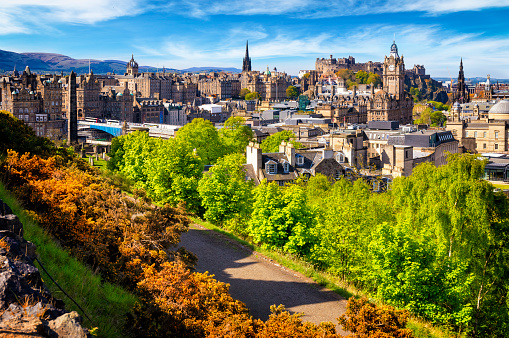 View over historic Edinburgh from Calton Hill, Scotland, UK