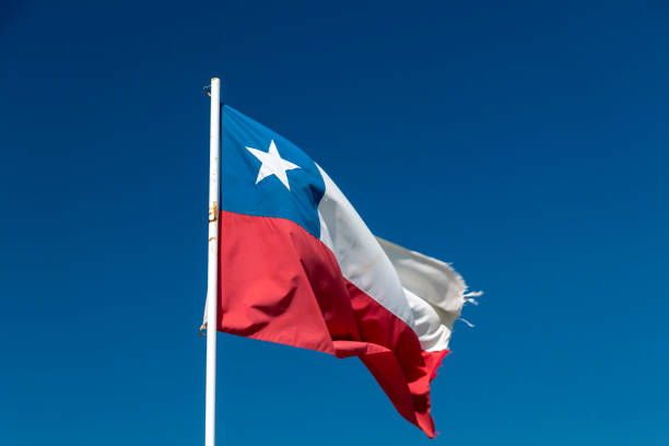 istock Chilean flag waving under blue sky 1153651131