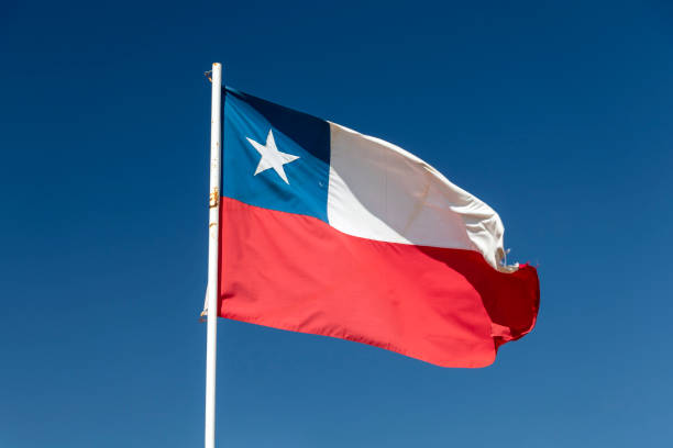 istock Chilean flag waving under blue sky 1153651146