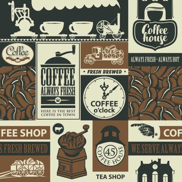 Vector illustration of seamless pattern on the theme of coffee houses