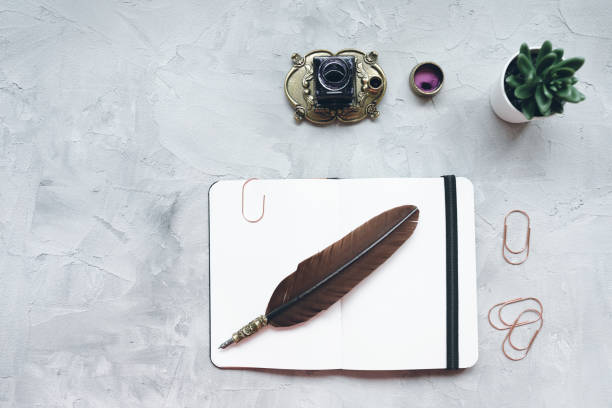 istock Freelance writer home office desk workspace. Flat lay, top view, social media hero header template. 1153653922