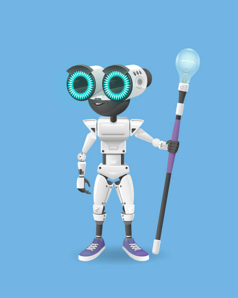istock Vector illustration of the white robot with big round eyes is on a blue background. 1153654800