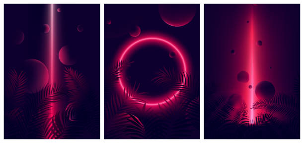 Glowing line red neon reflex on tropical leaves and spheres, Futuristic gradient glow on dark background, Vector retro poster Glowing line red neon reflex on tropical leaves and spheres, Futuristic gradient glow on dark background, Vector retro poster for your design vj loop stock illustrations