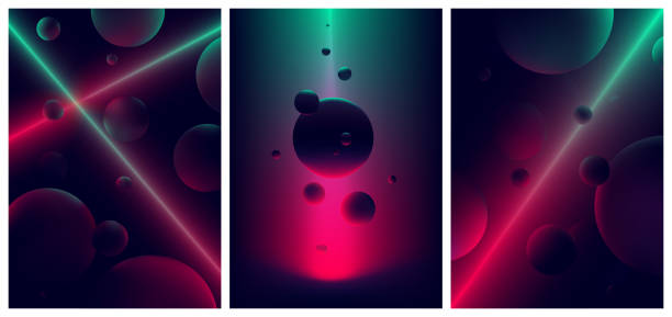 Neon laser line glow illuminates a spheres,  Abstract background space and planet , Futuristic vector gradient poster in retro style Neon laser line glow illuminates a spheres,  Abstract background space and planet , Futuristic vector gradient poster in retro style for your design vj loop stock illustrations