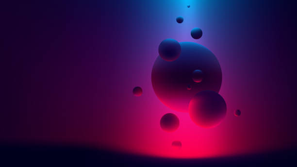 ilustrações, clipart, desenhos animados e ícones de esferas subindo no fundo da luz ultravioleta, reflexo vermelho-azul em formas geométricas, fundo do molde do vetor de cyberpunk - synth pop