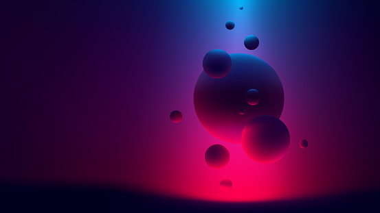 Soaring spheres on the background of ultraviolet light, Red-blue reflex on geometric shapes, Cyberpunk vector template background for your design
