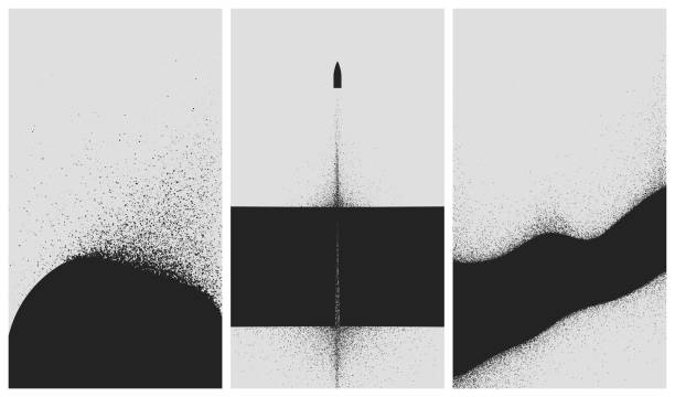 set latar belakang hitam dan putih dengan ledakan debu dan penyemprotan partikel - seni garis ilustrasi ilustrasi stok