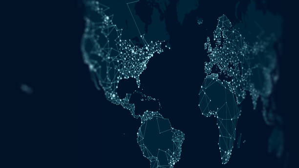 istock Communications network map of the world, monitor screen in perspective 1153657407