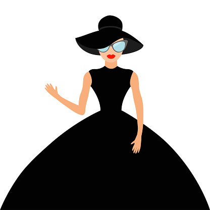 Woman in black elegant hat and big dress, sunglasses waving. Rich beautiful celebrity girl. Beauty fashion model face red lips. People Cute cartoon character Flat White background Isolated Vector