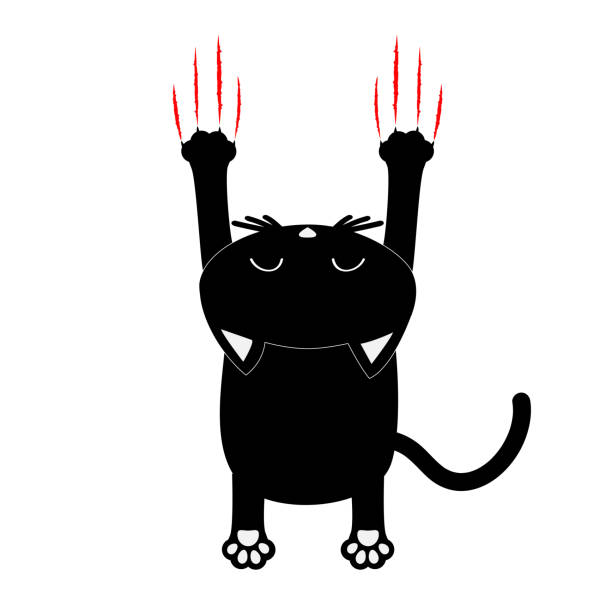 Cartoon black cat. Back view. Red bloody claws animal scratch scrape track. Cute funny character with face. White background. Isolated. Flat design. Cartoon black cat. Back view. Red bloody claws animal scratch scrape track. Cute funny character with face. White background. Isolated. Flat design. Vector illustration back scratch stock illustrations