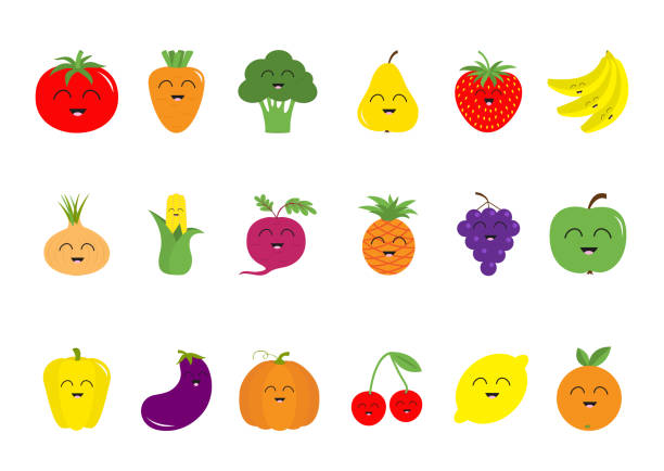 illustrations, cliparts, dessins animés et icônes de fruit berry légume visage icône ensemble. poire, fraise, banane, ananas, raisin, pomme, cerise, citron, orange. poivre, tomate, carotte, brocoli, oignon, maïs sucré, betterave, citrouille aubergine aubergine - grape nature design berry fruit