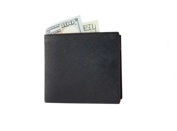 Isolated black wallet with banknote on white background.-Image