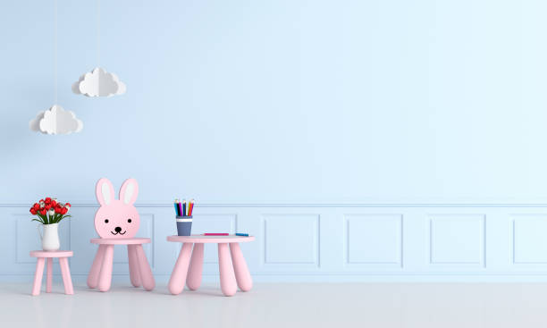 istock Pink table and chair in child room for mockup, 3D rendering 1153663588