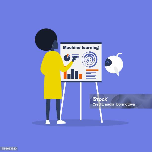 Machine Learning Concept Cute Cartoon Robot Hovering Near By A Flip ...