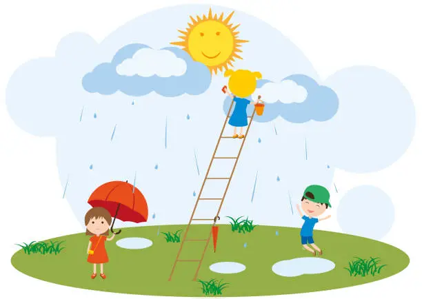 Vector illustration of Children play in the rain. Little girl climbed up the ladder to the cloud to wash the sun.