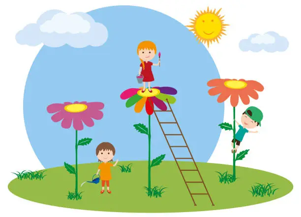 Vector illustration of Children play on the lawn among the big flowers. Little girl climbed up the ladder to color the flower.