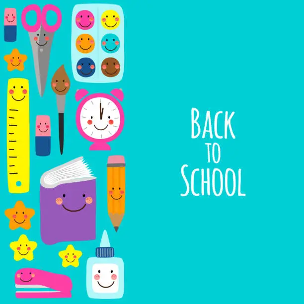 Vector illustration of Cute bright eye-catching Back to school banner design with colorful funny cartoon characters, education theme background