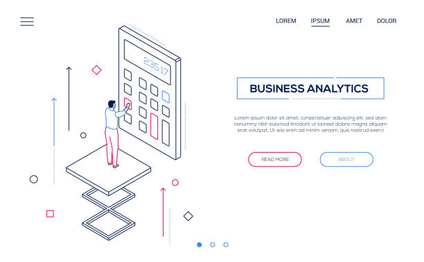 business analytics-line design stil isometric web-banner - tax form tax backgrounds finance stock-grafiken, -clipart, -cartoons und -symbole