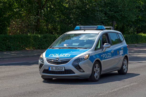 Berlin, Germany - June 02 2019: Police car patrolling the streets near Victory Column.