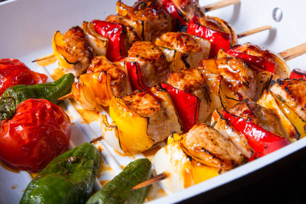 marinated kebab skewers with meat and vegetables